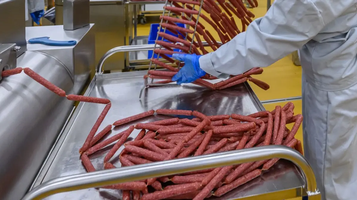 Eröffnung der Jack Link's Fabrik: 18.07.2025, Brandenburg, Guben: Eine Mitarbeiterin von Jack Link's arbeitet an einer Verpackungslinie der Bifi-Salamis in der neu eröffneten Fabrik. Die bekannten Mini-Salamis Bifis werden nun auch in der Lausitz hergestellt. Der Hersteller des bekannten Pausensnacks, das US-Unternehmen Jack Link's, hat in Guben im Spree-Neiße-Kreis eine neue Fabrik eröffnet. Foto: Patrick Pleul/dpa +++ dpa-Bildfunk +++