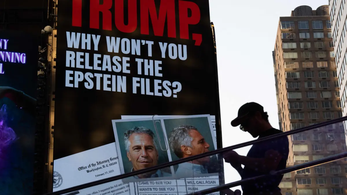 Billboard in Times Square Calls For Release Of Epstein Files: NEW YORK, NEW YORK - JULY 23: A billboard in Times Square calls for the release of the Epstein files on July 23, 2025 in New York City. Attorney General Pam Bondi briefed President Donald Trump in May on the Justice Department's review of the documents related to the Jeffrey Epstein case, telling him that his name appeared in the files. Adam Gray/Getty Images/AFP (Photo by Adam Gray / GETTY IMAGES NORTH AMERICA / Getty Images via AFP)
