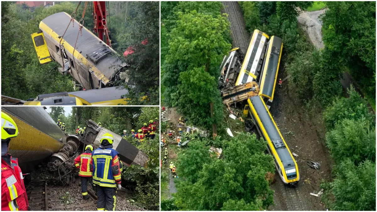 Nach dem tödlichen Zugunglück bei Riedlingen werden die verunfallten Waggons mit einem Bergezug von der Unfallstelle gehoben, auf einem Lkw verladen und abtransportiert.