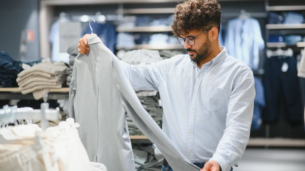 Beachten: nur redaktionelle Nutzung! erweiterte Lizenz. Mode, Mann, Klamotten/Modischer Mann schaut sich ein Hemd an. Download am 11.08.2025 für Wirtschaft 1530026609. Foto: © Serhii/adobe.stock.com