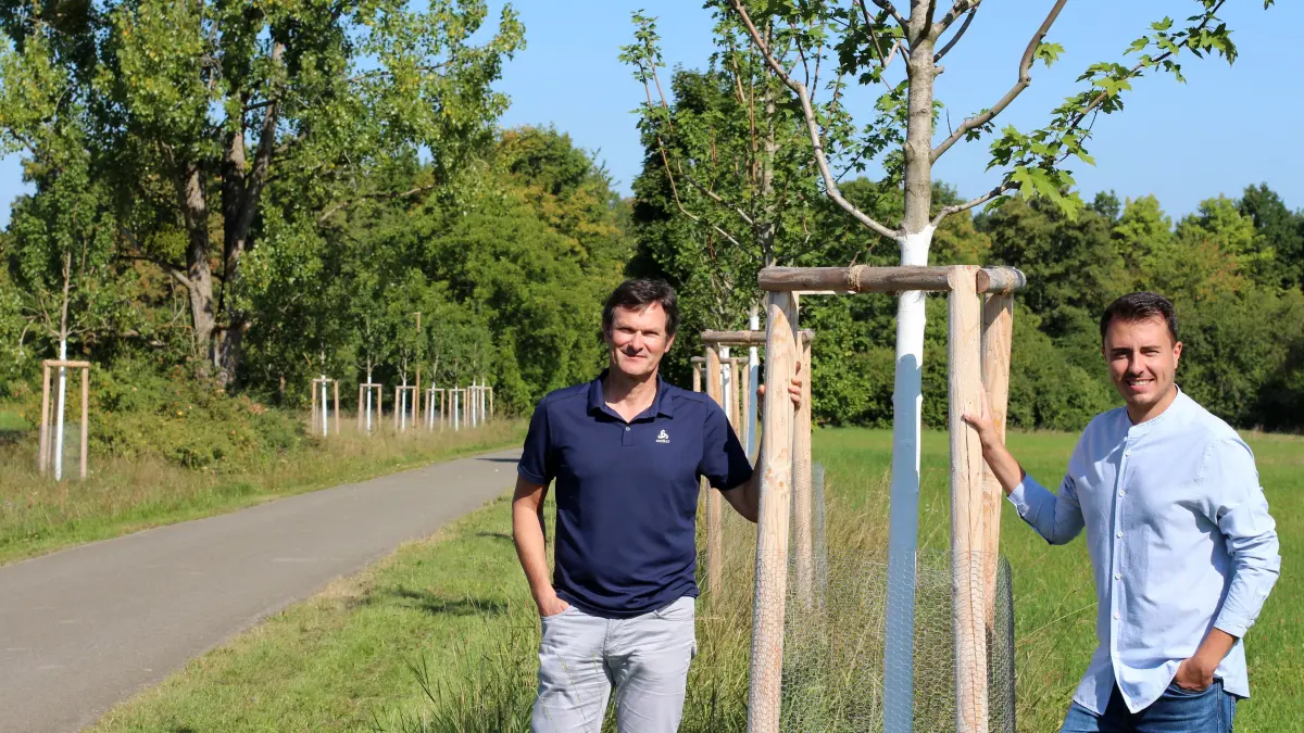 Die Stadt legt eine Ahorn-Allee im Markwasengebiet an: (von links) Georg Frey (Abteilungsleiter Grünflächen und Umwelt) und Lucas Baum (Fachgebietsleiter Grünflächenplanung).