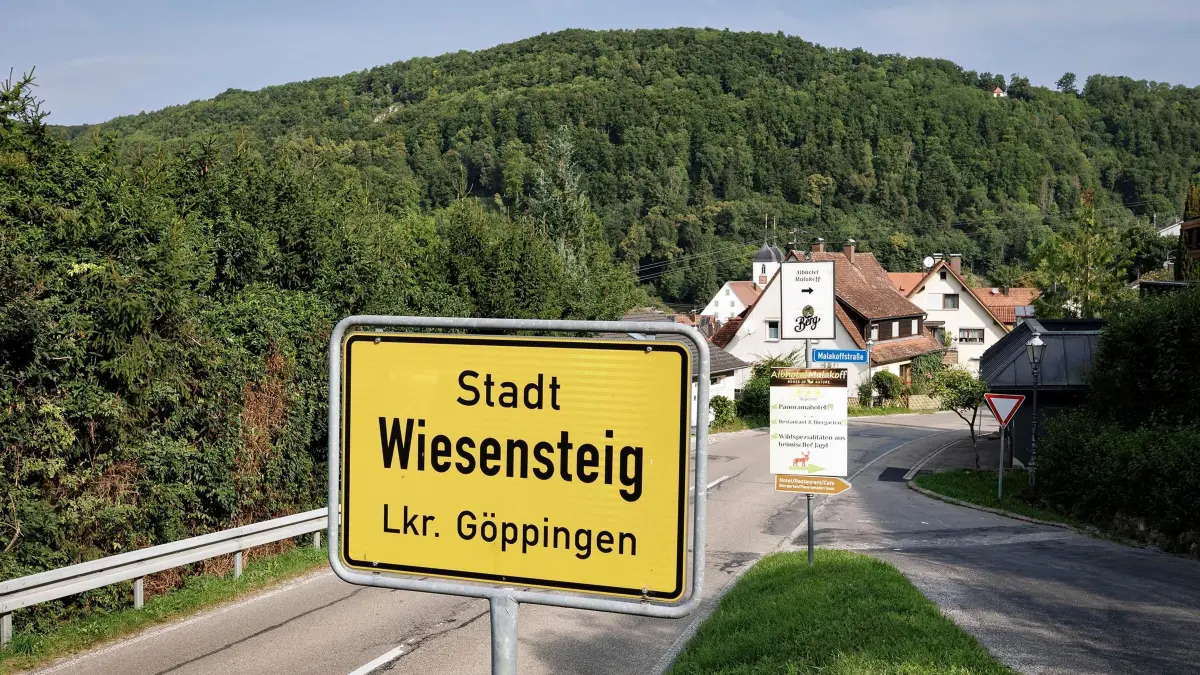 Ortsschild Wiesensteig.: Ortsschild Wiesensteig bei der Ortseinfaht in der Westerheimer Straße (L1236) Einmündung Malakoffstraße.