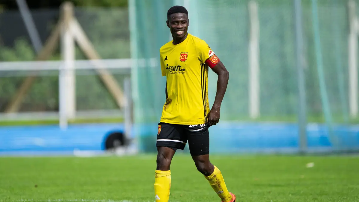 SV 03 Tuebingen vs. TSG Tuebingen II, Fussball, Bezirksliga Alb, 5. Spieltag, Saison 2025/2026, 14.09.2025,: Moubinou Saliou (SV 03 Tuebingen, #13), der das Tor zum 1:0 erzielt freut sich darueber,
SV 03 Tuebingen vs. TSG Tuebingen II, Fussball, Bezirksliga Alb, 5. Spieltag, Saison 2025/2026, 14.09.2025,
Eibner-Pressefoto/Andreas Ulmer