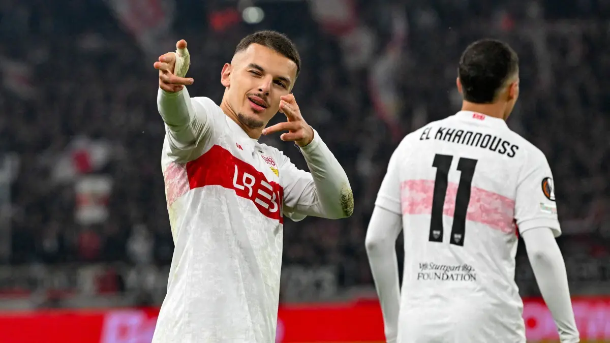 VfB Stuttgart's Algerian midfielder #27 Badredine Bouanani celebrates scoring his side' opening goal during the UEFA Europa League first round - day 1 football match between VfB Stuttgart and RC Celta de Vigo in Stuttgart, southern Germany on September 25, 2025. (Photo by THOMAS KIENZLE / AFP)