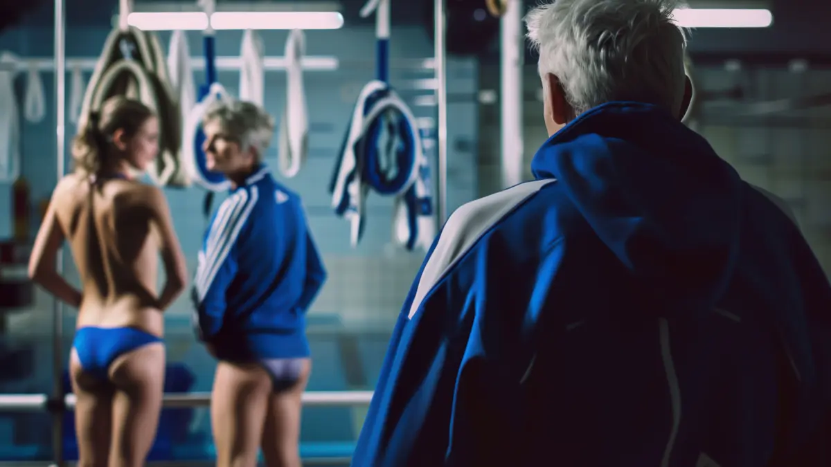 Sexuelle Belästigung: Rückansicht eines älteren männlichen Sporttrainers, der zwei Sportlerinnen beim Umziehen in der Damenumkleide beobachtet.