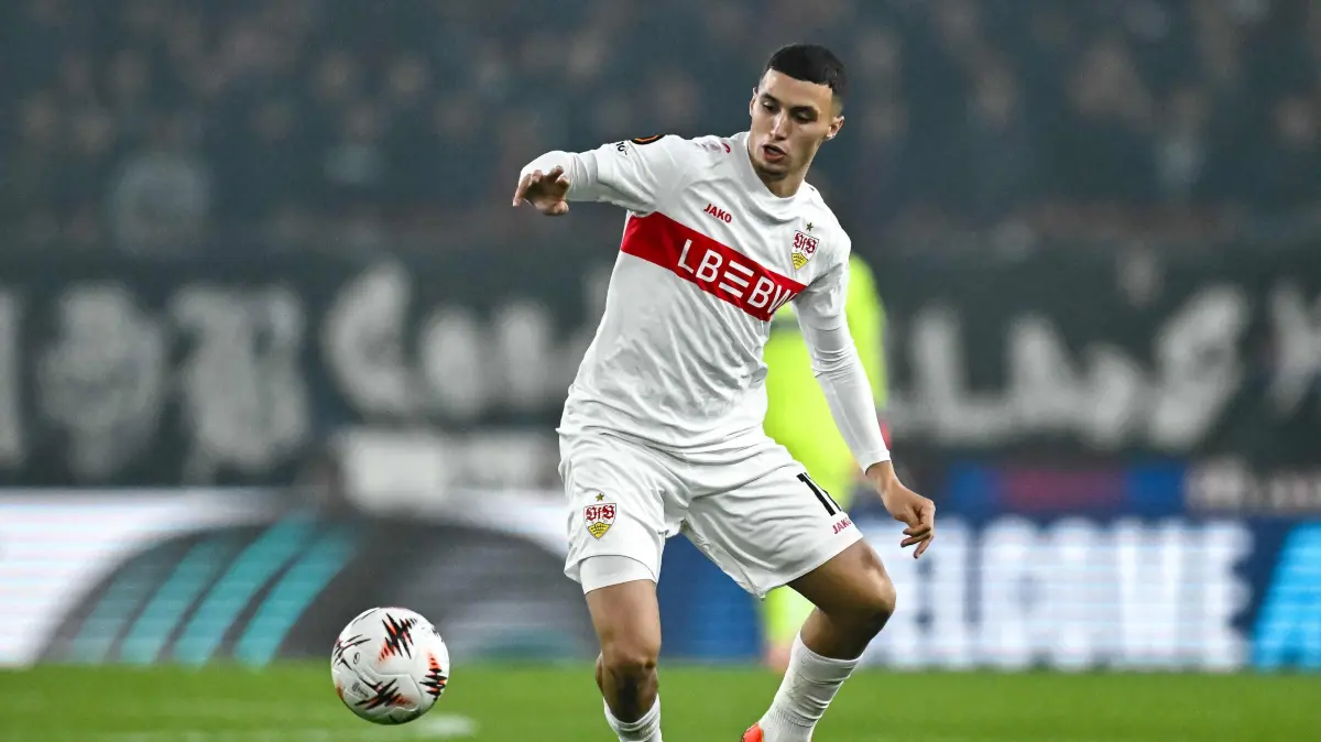 VfB Stuttgart's Moroccan midfielder #11 Bilal el Khannous controls the ball the UEFA Europa League first round football match between Basel and Stuttgart at St. Jakob-Park stadium in Basel on October 2, 2025. (Photo by Fabrice COFFRINI / AFP)