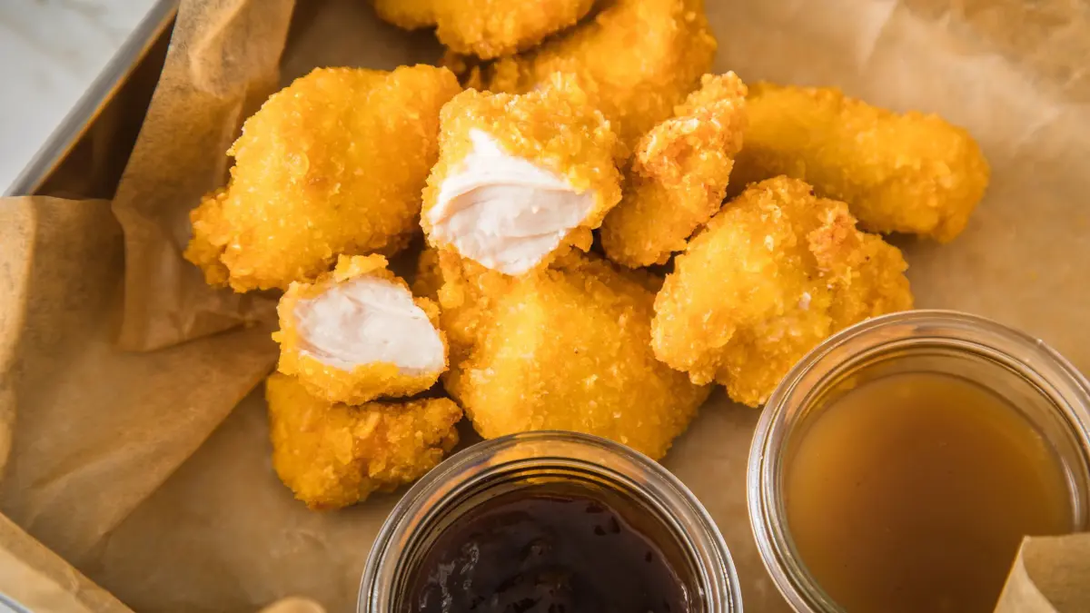 Chicken Nuggets: ARCHIV - 02.02.2022, Sachsen, Wittenberge: Chicken Nuggets liegen neben Soßen auf einem Stück Backpapier. Sie sind verzehrfertig, ansprechend verpackt - enthalten oft viel Zucker, Salz, Fett und Zusatzstoffe, aber wenig wichtige Nährstoffe. Stark verarbeitete Lebensmittel landen sehr häufig im Einkaufswagen. Experten sehen Risiken bei hohem Konsum (zu dpa: «Qual für Hühner? Verdacht löst Debatte um Tierwohl-Label aus») Foto: Christin Klose/dpa-tmn/dpa +++ dpa-Bildfunk +++