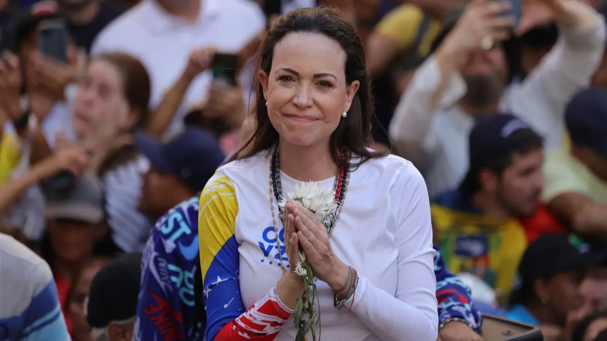 Maria Corina Machado: ARCHIV - 09.01.2025, Venezuela, Caracas: Die venezolanische Oppositionsführerin Maria Corina Machado führt eine Demonstration gegen die erneute Vereidigung des autoritären Präsidenten Maduro an diesem Freitag. Foto: Jesus Vargas/dpa +++ dpa-Bildfunk +++