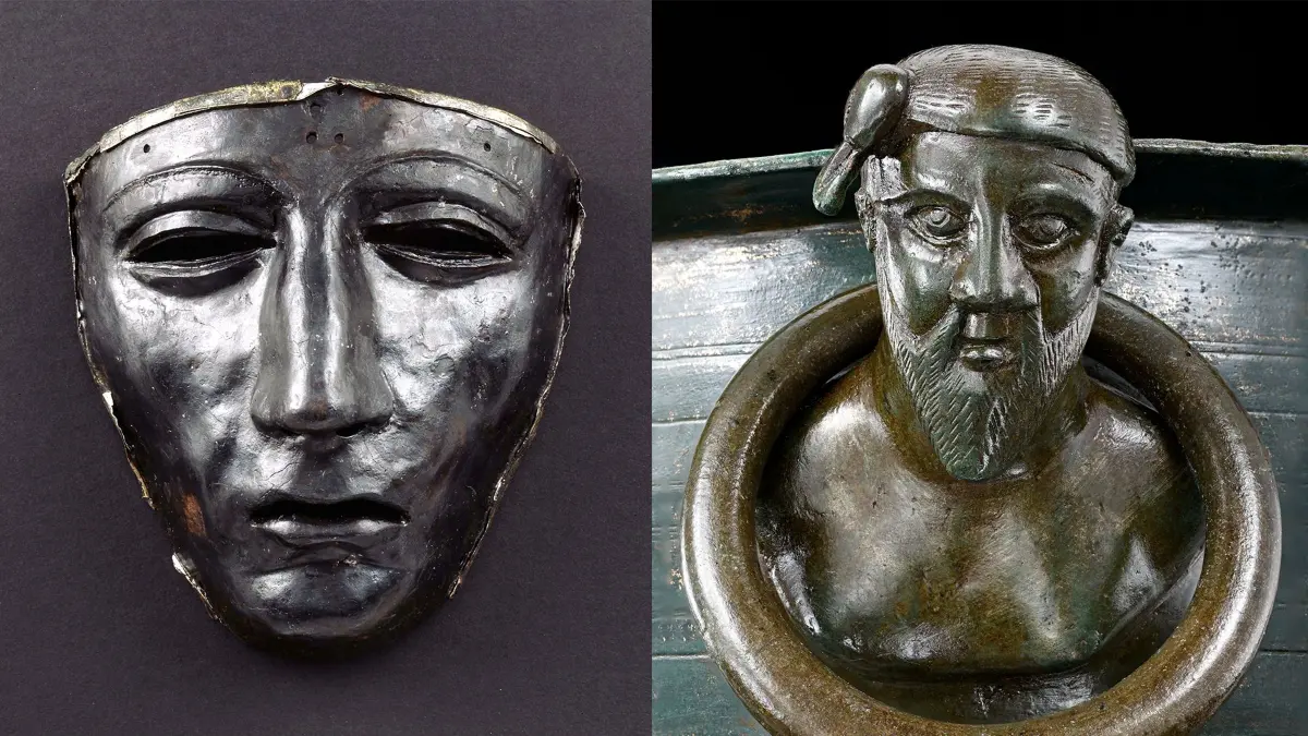 Römische Maske eines Gesichtshelms (l). und Büste eines Sueben mit typischer Haartracht auf einem Bronzekessel, der in Kariv gefunden wurde.