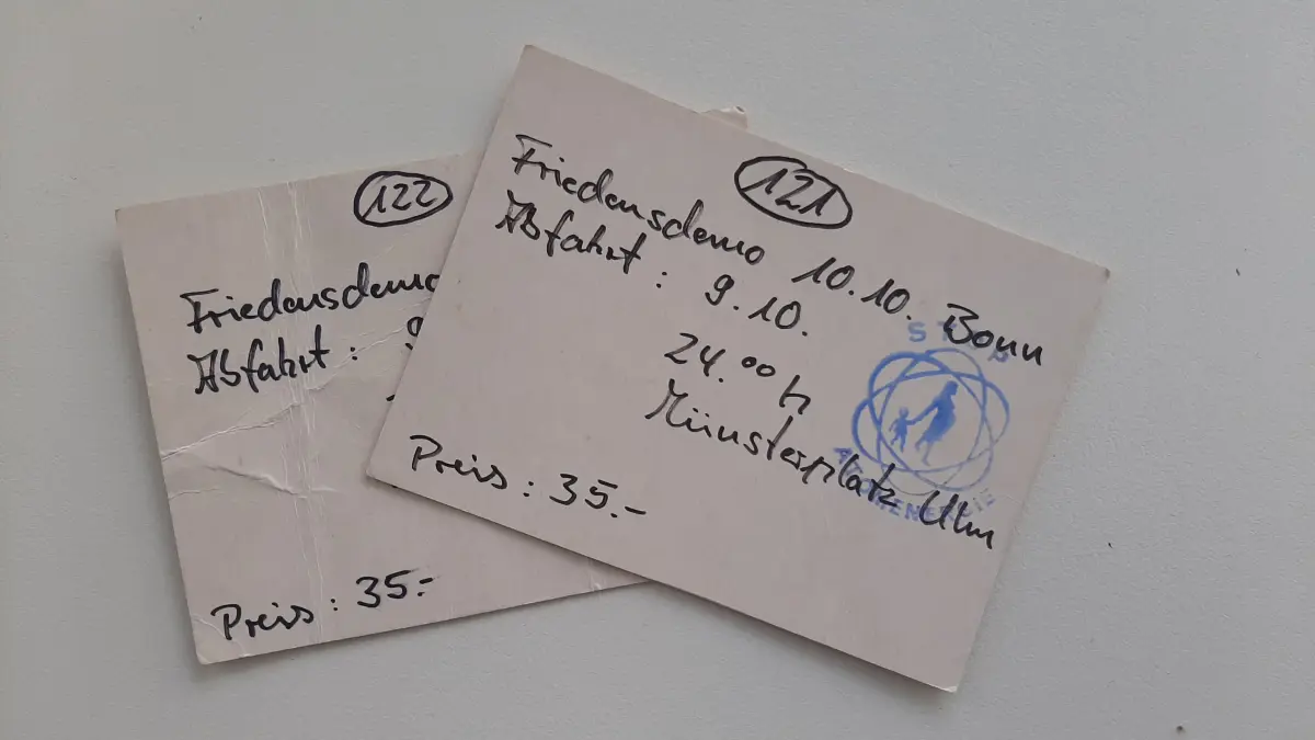 Friedensbewegung Ulm: Original-Fahrkarten zur großen Friedensdemonstration am 10.10.1981 im Bonner Hofgarten, Start am Münsterplatz am 9.10. um Mitternacht