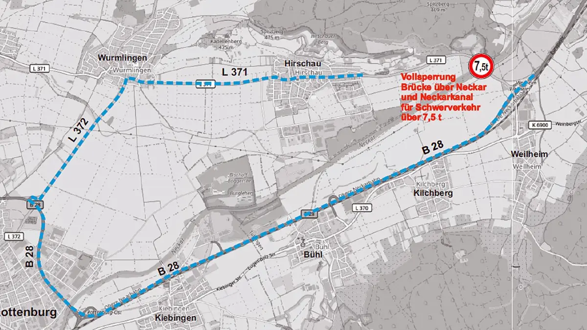 Weil die marode Brücke der L371 über den Neckar zwischen Weilheim und Hirschau für den Schwerverkehr gesperrt werden muss, hat das Regierungspräsidium Tübingen eine Umleitungsstrecke über Rottenburg und Wurmlingen nach Hirschau eingerichtet.