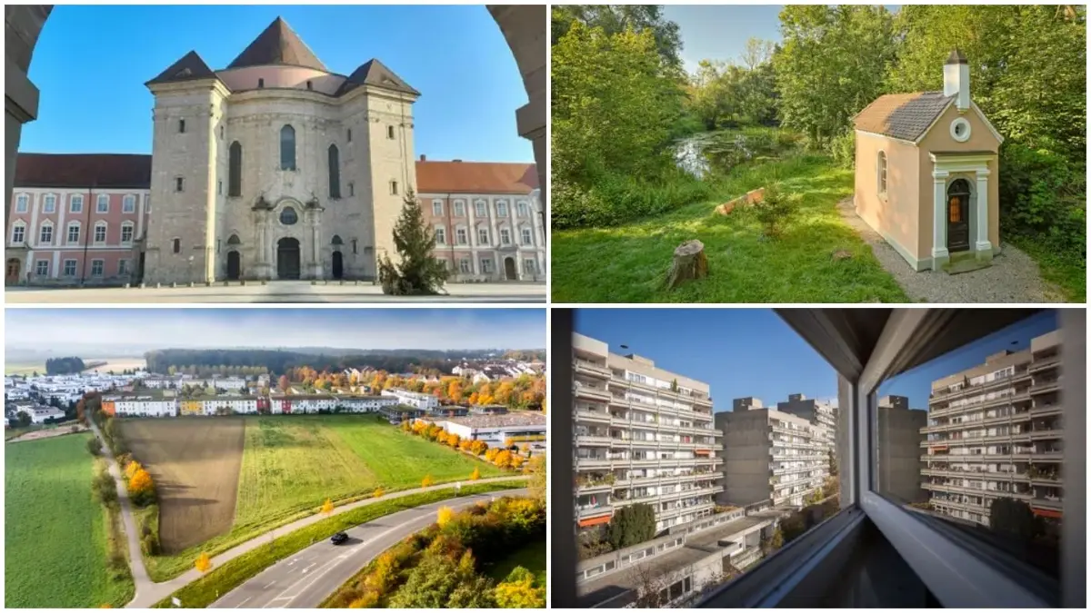 Collage Wiblingen: Klosterkirche St. Martin, Binsenweiher, Tannenplatz, Neubaugebiet Eschwiesen 3 (von links oben im Uhrzeigersinn)