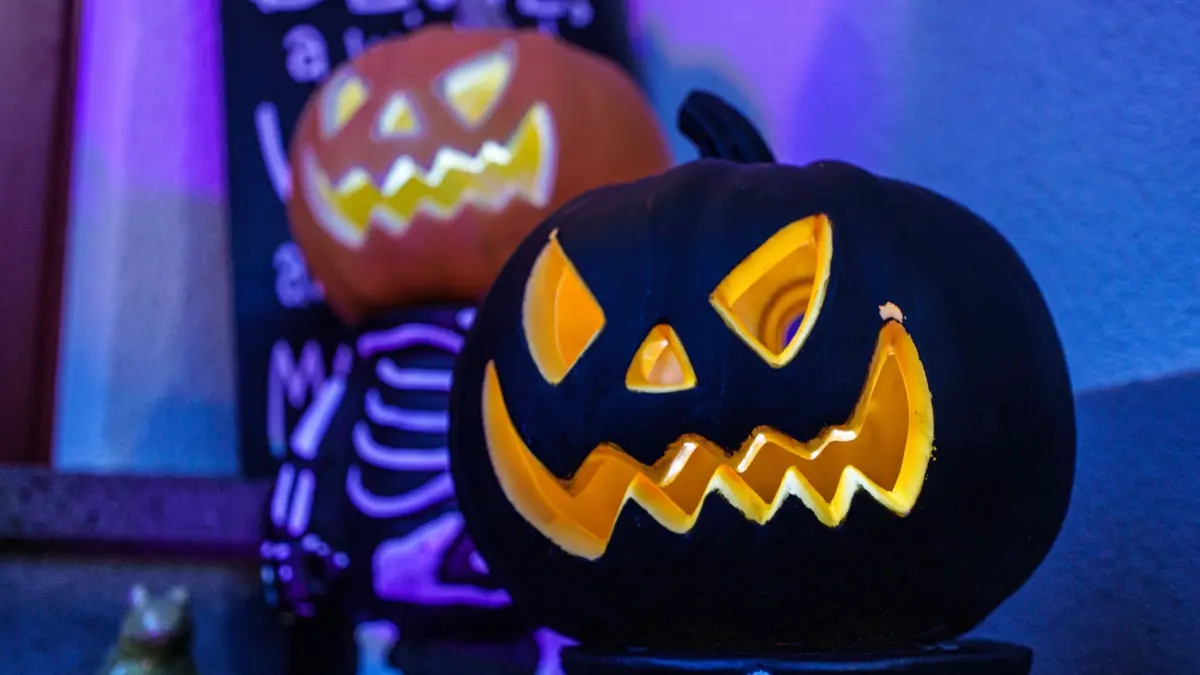 Illuminierte Kürbisse stehen im Vorgarten: 24.10.2024, Hessen, Eltville: Mit Kerzenwachs, Farbe oder Sprühlack verzierte Kürbisse gehören nach Halloween in den Restmüll: Auch ausgebrannte Teelichter werden dort entsorgt. (zu dpa: «Polizei warnt: Halloween-Streiche können teuer werden») Foto: Andreas Arnold/dpa/dpa-tmn +++ dpa-Bildfunk +++