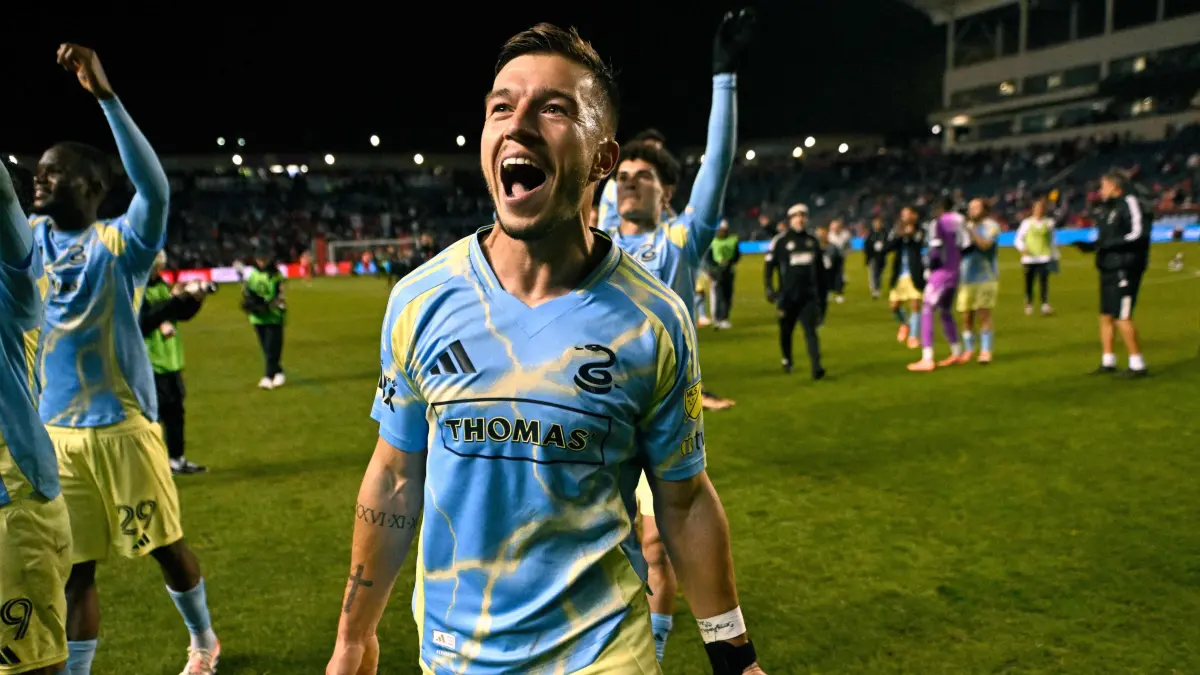 Chicago Fire FC v Philadelphia Union - 2025 MLS Open Cup Playoffs: BRIDGEVIEW, ILLINOIS - NOVEMBER 01: Kai Wagner #27 of Philadelphia Union celebrates after defeating the Chicago Fire 3-0 at SeatGeek Stadium on November 01, 2025 in Bridgeview, Illinois. Zoe Davis/Getty Images/AFP (Photo by Zoe Davis / GETTY IMAGES NORTH AMERICA / Getty Images via AFP)