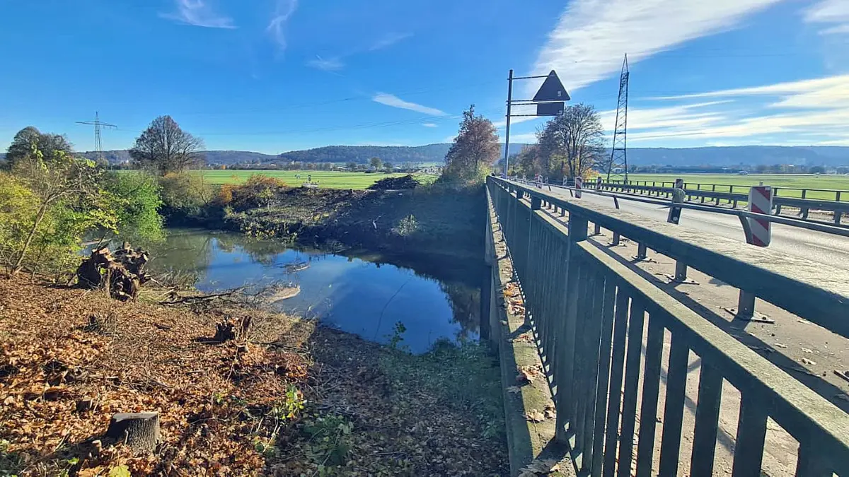 Neben der Brücke der L371 zwischen Tübingen und Hirschau über Neckar und Neckarkanal wurde an der Uferböschung abgeholzt.