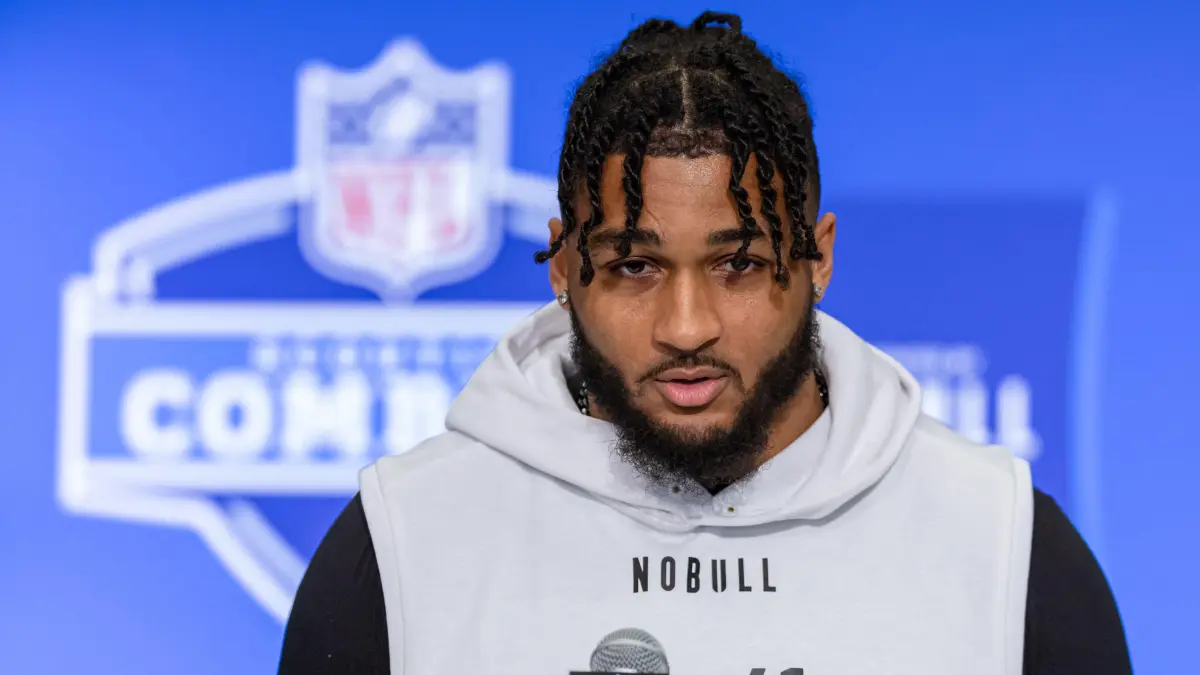 (FILES) Marshawn Kneeland #DL41 of the Western Michigan Broncos speaks to the media during the 2024 NFL Draft Combine at Lucas Oil Stadium on February 28, 2024 in Indianapolis, Indiana. Dallas Cowboys defensive end Marshawn Kneeland has died at the age of 24, the NFL franchise said on November 6, 2025. The second-year player's cause of death was not revealed. (Photo by Michael Hickey / GETTY IMAGES NORTH AMERICA / AFP)