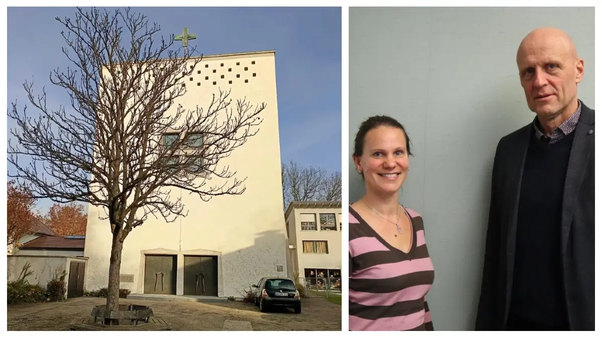 Silke Streiftau und Johannes Knöller und die Erlöserkirche in Offenhausen.