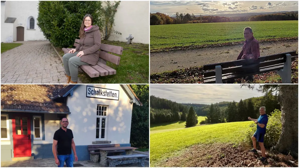 Im Uhrzeigersinn: Die Ortsvorsteher Anja Reisser (Bräunisheim), Bernd Wachter (Stubersheim), Klaus Kustermann (Hofstett-Emerbuch) und Manfred Eberhardt (Schalkstetten) bei ihren jeweiligen Lieblingsorten. Auch Nina Hannuschka (Reutti, ohne Bild) hat und gezeigt, wo es ihr in der Heimat am besten gefällt.