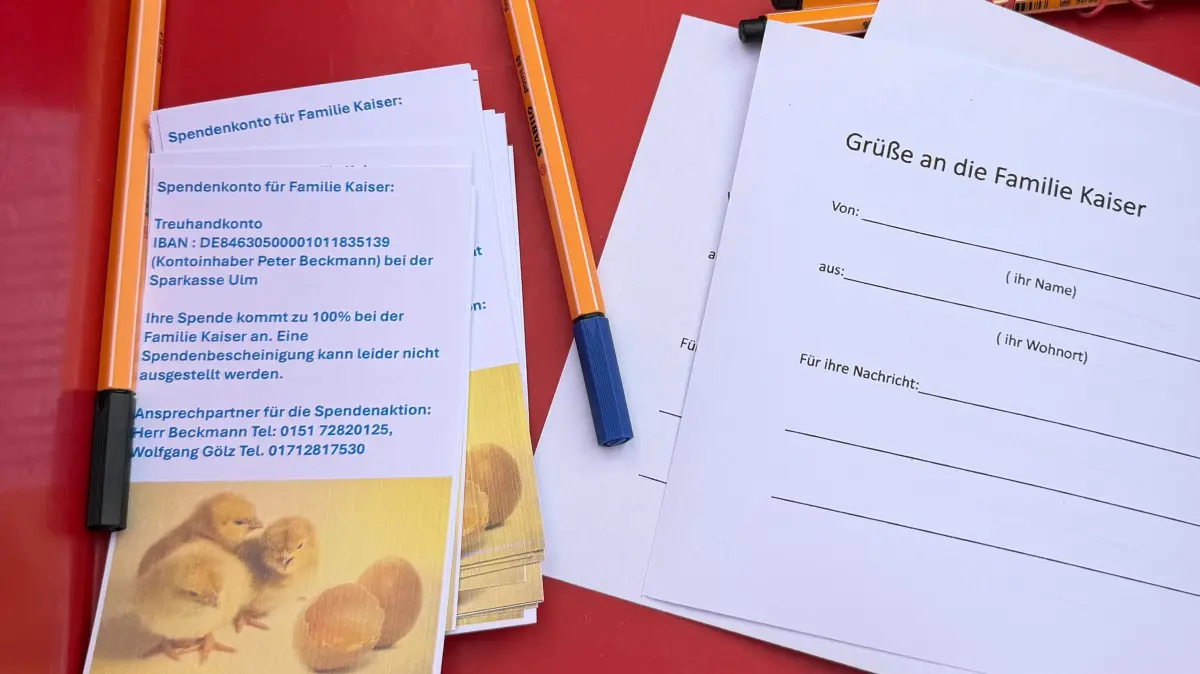 Eine Box mit den Infos für Spenden an die Familie Kaiser.