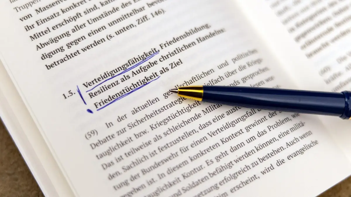 Vorstellung der Friedensdenkschrift waehrend der 6. Tagung der 13. Synode der EKD in Dresden: Veroeffentlichung der Friedensdenkschrift des Rates der Evangelischen Kirche in Deutschland (EKD) waehrend der 6. Tagung der 13. Synode der EKD am Montag (10.11.2025) in Dresden (im Foto: Aufgeschlagene Seite der Friedensdenkschrift mit dem Titel "Welt in Unordnung - Gerechter Friede im Blick"). Die Evangelische Kirche in Deutschland (EKD) hat am Montag in Dresden eine erneuerte Position zur Friedensethik vorgestellt. In der Denkschrift mit dem Titel "Welt in Unordnung - Gerechter Friede im Blick" formuliert sie ihre Haltung zu den aktuellen Diskussionen um Aufruestung, Wehrdienst, Atomwaffen und hybrider Kriegsfuehrung. (Siehe epd-Meldung vom 10.11.2025).