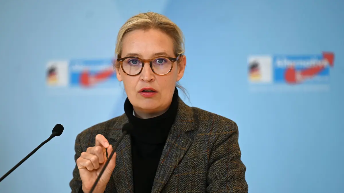 Sitzungen und Statements der Bundestagsfraktionen - AfD: 11.11.2025, Berlin: Die AfD-Fraktionsvorsitzende Alice Weidel spricht beim Pressestatement vor Beginn der Sitzung der Bundestagsfraktion ihrer Partei. Foto: Elisa Schu/dpa +++ dpa-Bildfunk +++