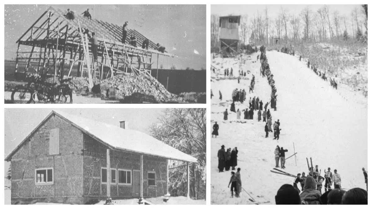 100 Jahre WSV Mehrstetten. Bilder aus der Vereinsgeschichte. Links oben ist der Bau des ersten Sportschuppens "Bleiche" im Jahr 1932 zu sehen, darunter das Sportheim im Jahr 1956. Das Foto rechts zeigt die Einweihung der Skisprungschanze im Böttental 1953.