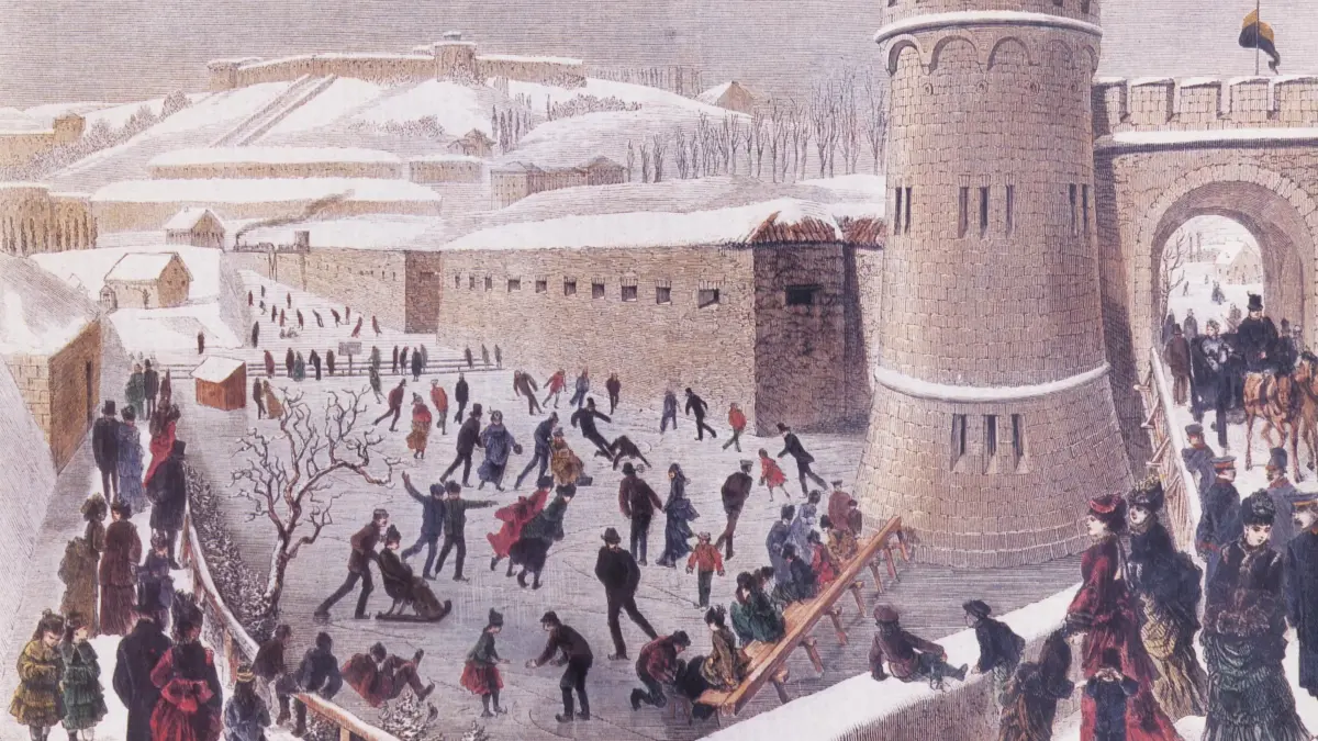 Titel: Wintervergnügen beim Blaubeurer Tor. Holzstich nach einer Skizze von Wilhelm von Breitschwert, 1874. Farbversion aus "Ulma Ulm Ulmensis" von Albert Schmid. Säntis-Verlag, Lindau 1993.