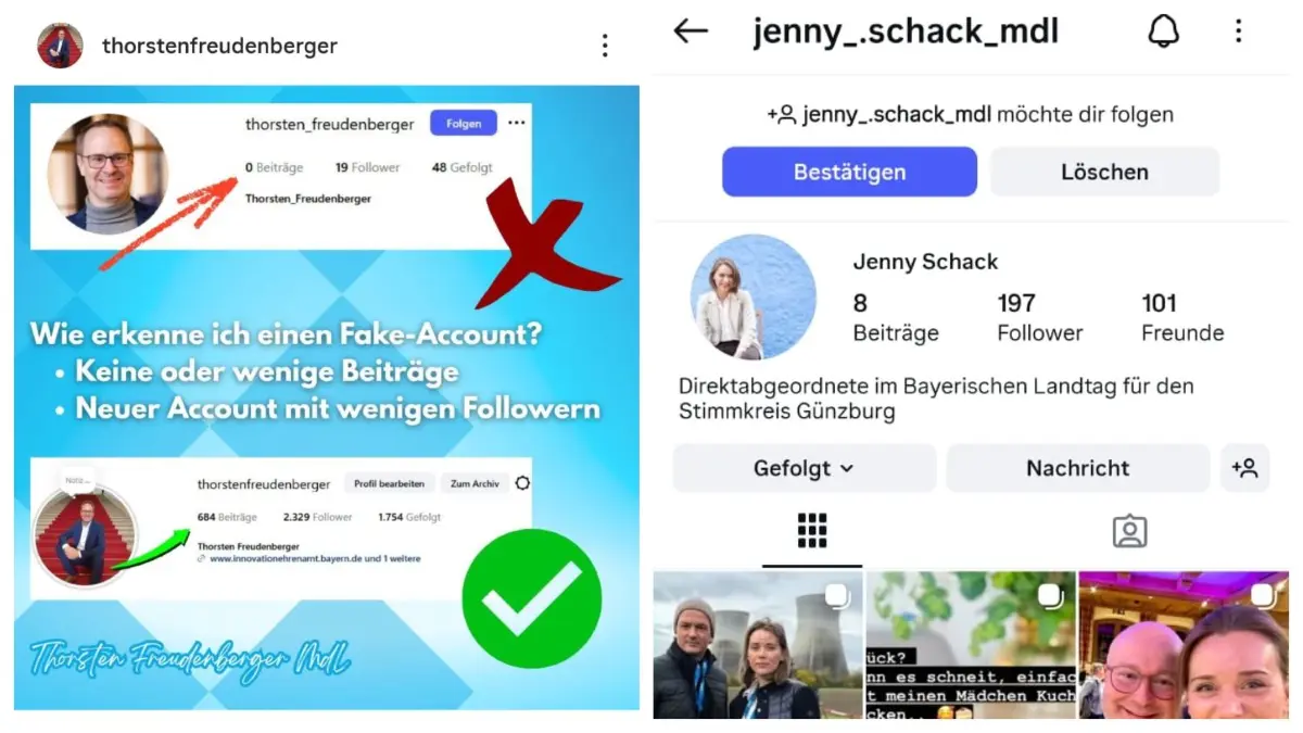 Von den CSU-Landtagsabgeordneten Thorsten Freudenberger (Neu-Ulm) und Jenny Schrack (Günzburg) haben Betrüger Fake-Accounts auf Instagram erstellt.