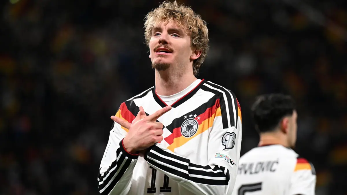 Deutschland - Slowakei: 17.11.2025, Sachsen, Leipzig: Fußball: WM-Qualifikation Europa, Deutschland - Slowakei, Gruppenphase, Gruppe A, 6. Spieltag, Red Bull Arena. Nick Woltemade (Deutschland) feiert seinen Treffer zum 1:0. Foto: Robert Michael/dpa +++ dpa-Bildfunk +++