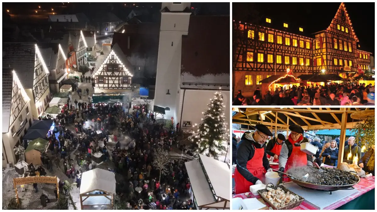 Weihnachtsmärkte Schwäbische Alb 2025: Glühweinduft, Lichterglanz und Handwerkskunst machen die Märkte in Hayingen, Münsingen, Zwiefalten (von links im Uhrzeigersinn) und weiteren Orten zu einem stimmungsvollen Erlebnis in der Adventszeit.