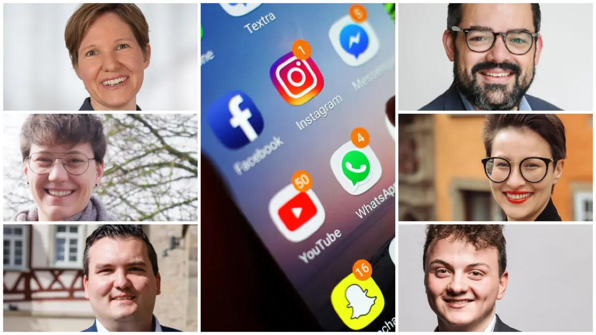Die Kandidierenden für die Landtagswahl 2026 im Wahlkreis Schwäbisch Hall im Social-Media-Check. Auf der linken Seite (von oben): Isabell Rathgeb (CDU), Lea Geldner (Grüne), Udo Stein (AfD). Auf der rechten Seite (von oben): Danny Multani (SPD), Ellena Schumacher Koelsch (Linke), Luca Köngeter (FDP).