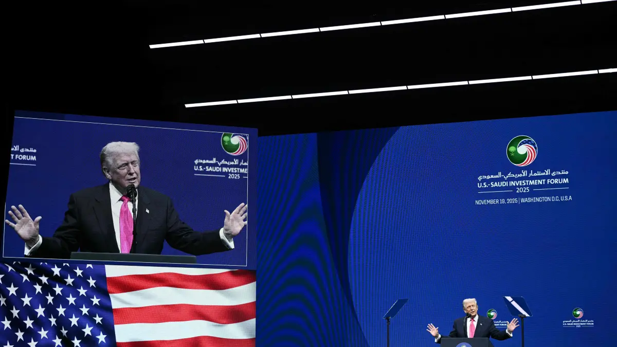 President Donald Trump delivers remarks at the US-Saudi Investment Forum: US President Donald Trump delivers remarks at the US-Saudi Investment Forum at the John F. Kennedy Center for the Performing Arts in Washington, DC on November 19, 2025. (Photo by Brendan SMIALOWSKI / AFP)