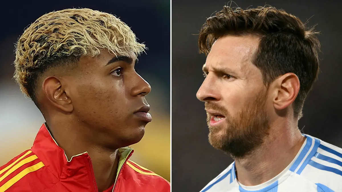 (COMBO) This combination of file pictures created on November 14, 2025, shows Spain’s forward #19 Lamine Yamal (L) walking onto the pitch prior to the UEFA Nations League semi-final football match between Spain and France in Stuttgart, southwestern Germany, on June 5, 2025, and Argentina’s forward #10 Lionel Messi looking on during the 2026 FIFA World Cup South American qualifiers football match between Argentina and Colombia at the Mas Monumental stadium in Buenos Aires on June 10, 2025. The Finalissima between Lionel Messi’s Argentina and Lamine Yamal’s Spain will be played in March on neutral ground, said CONMEBOL president Alejandro Dominguez on November 20, 2025, in Asuncion, speaking to AFP and a Paraguayan media outlet. (Photo by Luis ROBAYO and Franck FIFE / AFP)