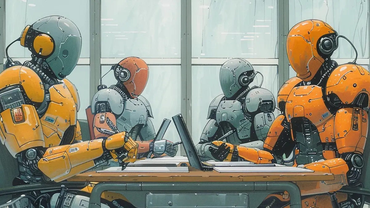 KI generiertes Foto von Robotern an Laptops