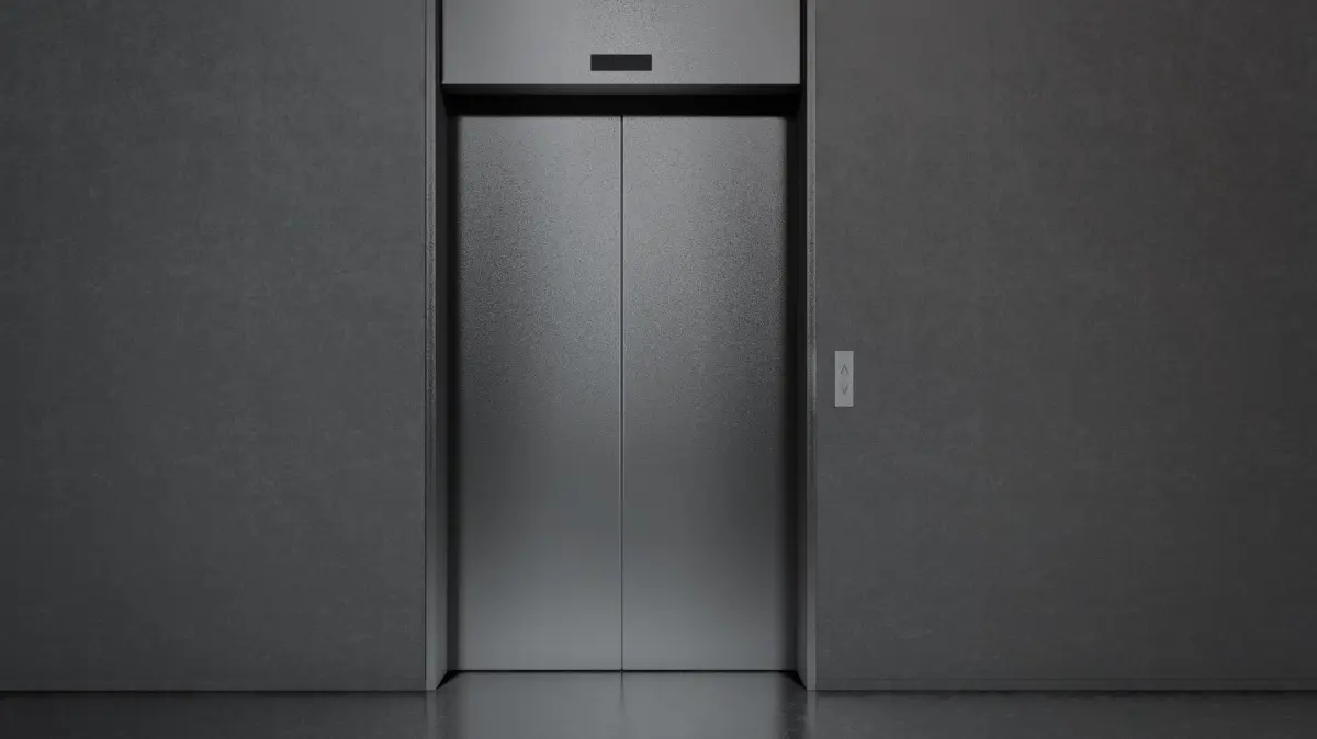 Blank black closed elevator in office floor interior mock up, 3d rendering. Empty lift with buttons near concrete wall mockup. Concept of business center or hotel lifting template in darkness