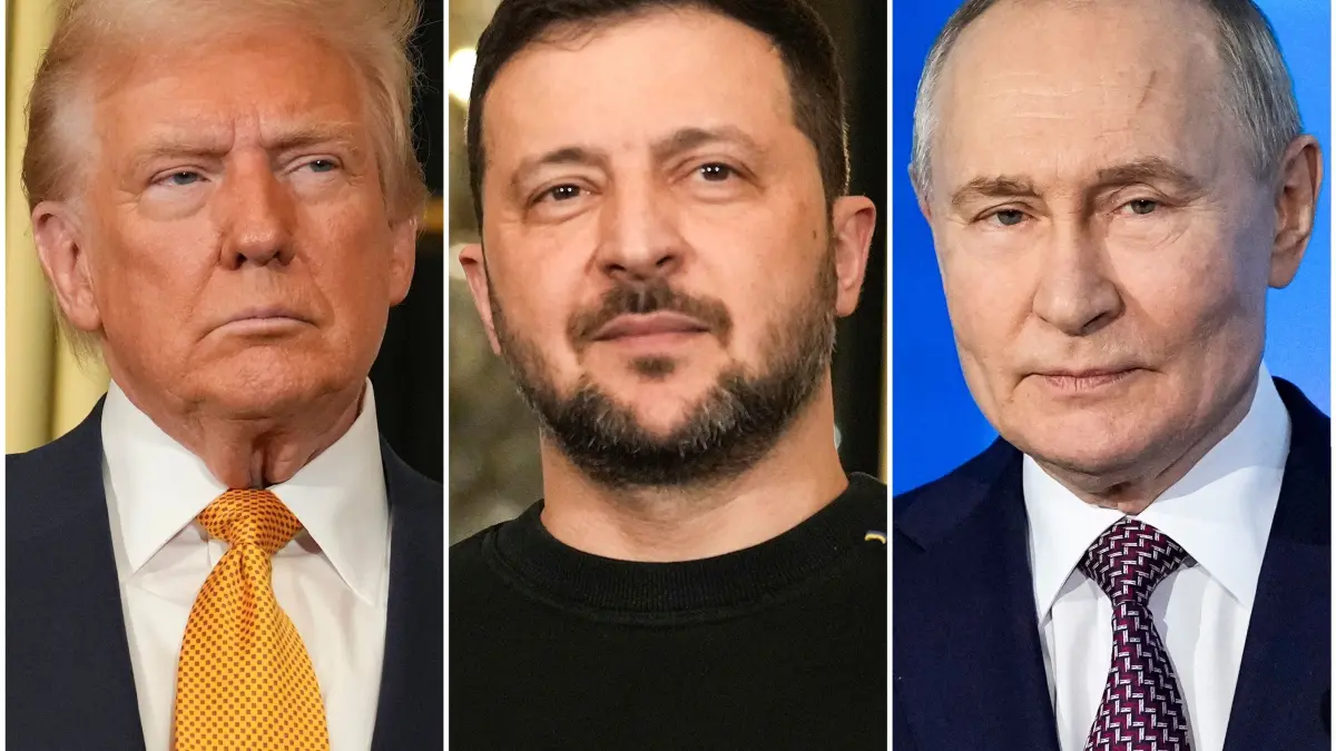Trump Selenskyj Putin: ARCHIV - 14.08.2025, ---: Die Bildkombo zeigt US-Präsident Donald Trump (l-r) und den ukrainischen Präsidenten Wolodymyr Selenskyj im Elysee-Palast in Paris am 7. Dezember 2024 und den russischen Präsidenten Wladimir Putin spricht am 21. Februar 2025 auf einem Technologieforum in Moskau. (zu dpa: «28 Punkte für Frieden in der Ukraine») Foto: Morissard/Bednyakov/AP/dpa +++ dpa-Bildfunk +++