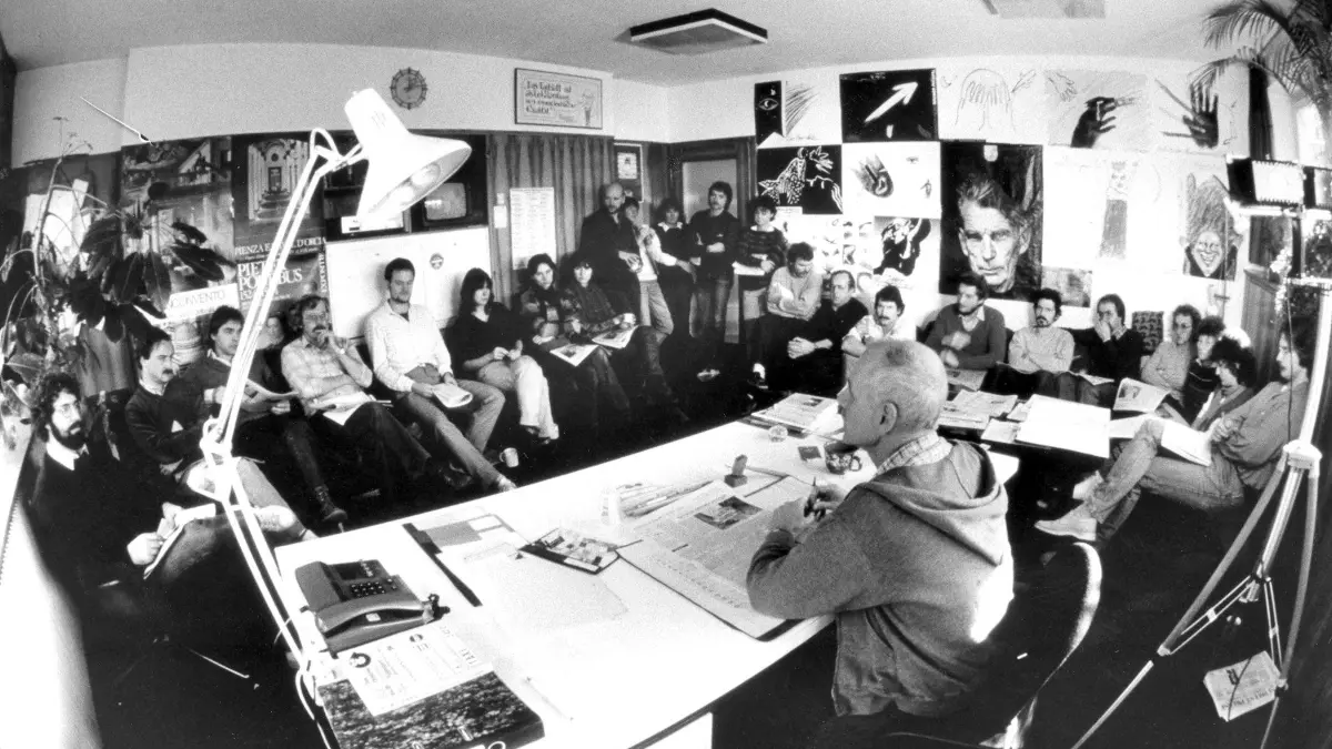 Redaktionskonferenz Schwäbisches Tagblatt mit Christoph Müller am 9. September 1985.