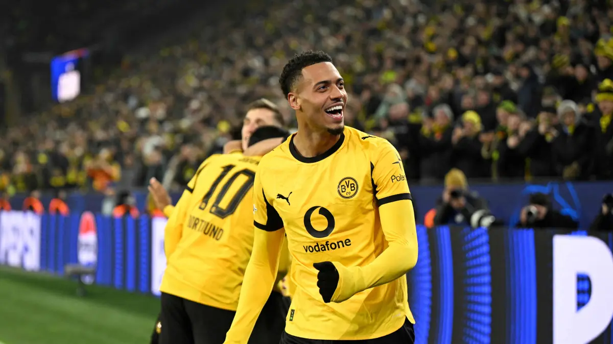 Dortmund's German midfielder #08 Felix Nmecha celebrates during the UEFA Champions League league phase day 5 football match between Borussia Dortmund and Villareal CF in Dortmund, on November 25, 2025. (Photo by INA FASSBENDER / AFP)