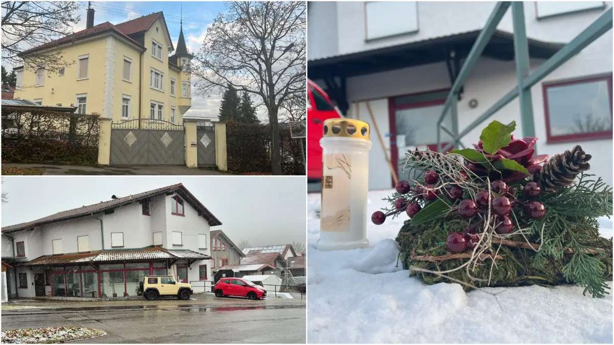Das große Haus in Pfullingen (oben links) sollte in naher Zukunft das neue Zuhause des 63-jährigen Tatverdächtigen, seiner Lebensgefährtin, seiner Schwester und seines älteren Sohnes werden. Letzterer wurde gemeinsam mit seinem Bruder erschossen in dem Firmengebäude in Würtingen (links unten) gefunden. Eine Kerze und ein Blumenstrauß erinnern an die grausame Tat.