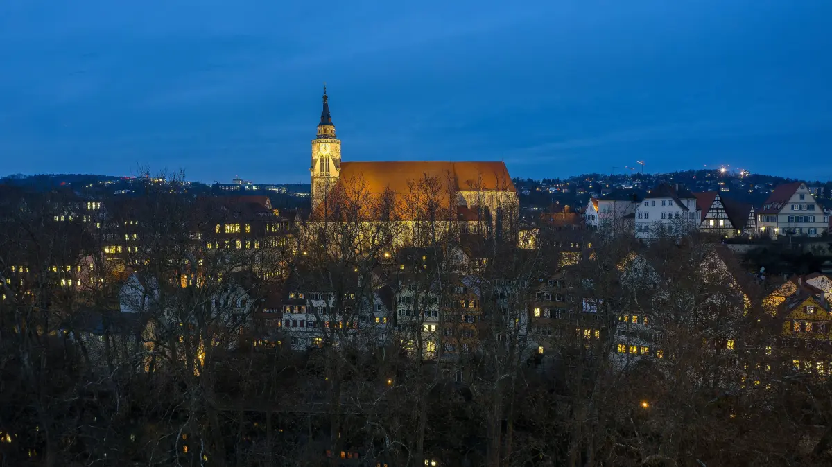 (ohne Überschrift): Vorsicht: Dieses Foto ist möglicherweise nur für den einstigen Verlag Schwäbisches Tagblatt verwendbar. Die Neckarfront schimmert in der Dämmerung durch die Platanenallee hindurch, darüber die Stiftskirche
13.12.22 Bild: Ulrich Metz