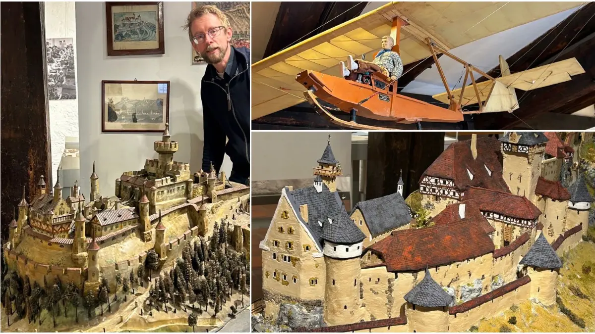 Weihnachtsausstellung, Alter Bau - Auf der linken Seite präsentiert Museumsleiter Philipp Lintner die fantasievolle Rekonstruktion der Burg Helfenstein. Sie wurde 1920 aus Blech von Flaschnermeister Sihler angefertigt. Oben rechts ist das Modell eines Hängegleiters zu sehen, darunter erneut die Burg Helfenstein, Das Modell im Maßstab 1:100 wurde 1993 von drei Geislinger Gymnasiasten gebaut.