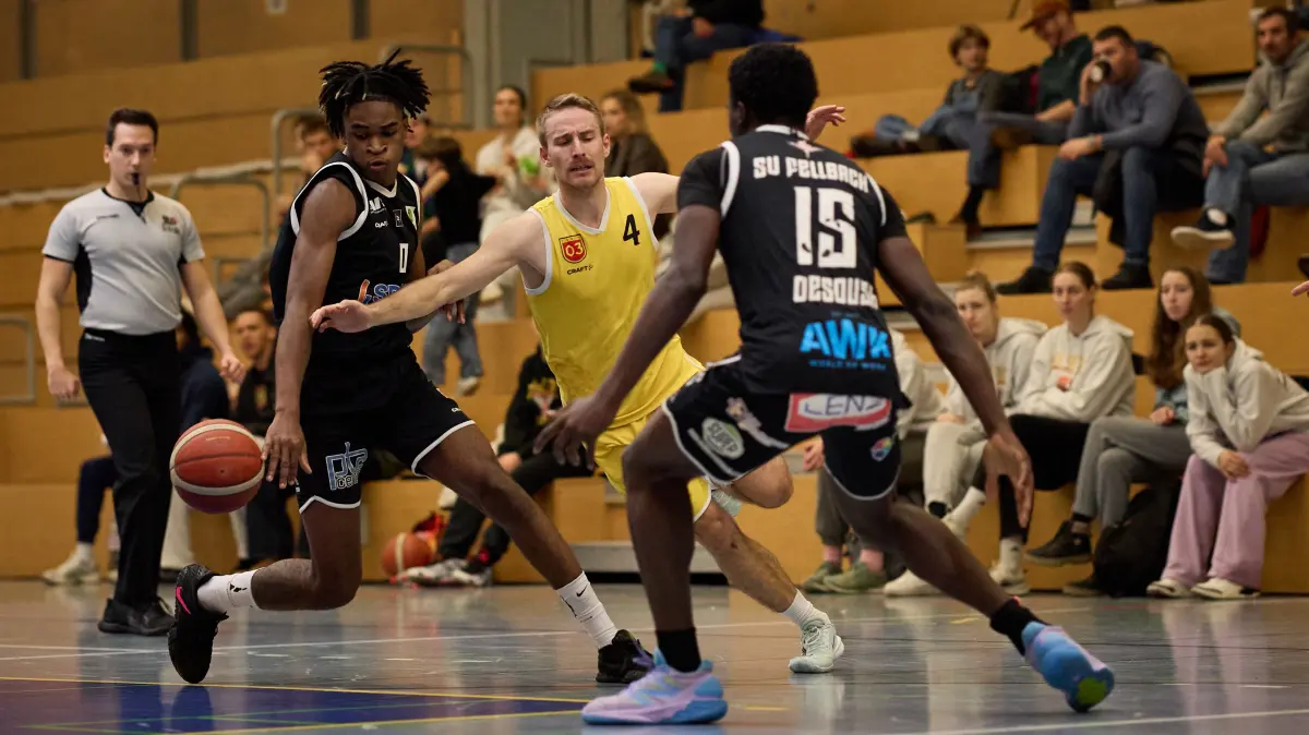GER, SV 03 Tigers Tuebingen vs SV Fellbach II, Basketball, Basketball Regionalliga BW Maenner, Regionalliga, 13. Spieltag, Basketball Maenner Saison 2025/2026, 07.12.2025: Louis Thieme (SV 03 Tigers Tuebingen #04) vs Wilko Dickgiesser (SV Fellbach II #00), Akim Ouro (SV Fellbach II #15)
GER, SV 03 Tigers Tuebingen vs SV Fellbach II, Basketball, Basketball Regionalliga BW Maenner, Regionalliga, 13. Spieltag, Basketball Maenner Saison 2025/2026, 07.12.2025
Foto: Eibner-Pressefoto/ Francesco Gianni Consentino