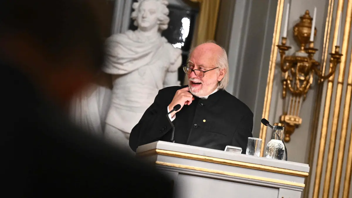 Nobel Prize in Literature 2025 laureate Hungarian writer Laszlo Krasznahorkai delivers his Nobel Prize lecture in the Stock Exchange Hall at the Swedish Academy in Stockholm, Sweden, on December 7, 2025. (Photo by Claudio BRESCIANI / TT NEWS AGENCY / AFP) / Sweden OUT