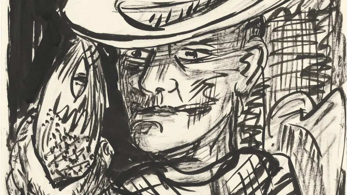 Max Beckmann (1884–1950)Selbstbildnis mit Fisch, 1949Pinsel in Schwarz über Kohle580 × 452 mmHamburger Kunsthalle, Kupferstichkabinett, Foto: © Hamburger Kunsthalle / bpk © VG Bild-Kunst, BonnFoto: Christoph Irrgang
