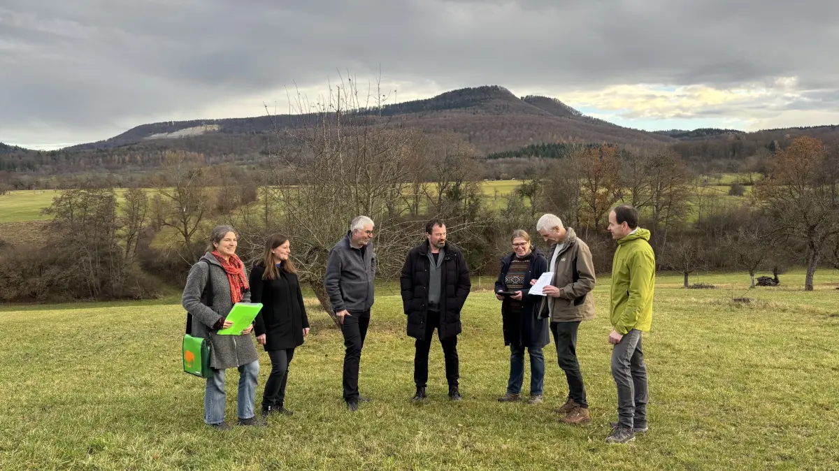 My Stueckle 3.0 Streuobstwiesen Mössingen, Belsen, von links nach rechts: Sabine Mall-Eder, Hanna Buckenmayer, Martin Gönner, Marcus Hölz und Daniela Häberle, Ulrich Eder, Kolja Schümann