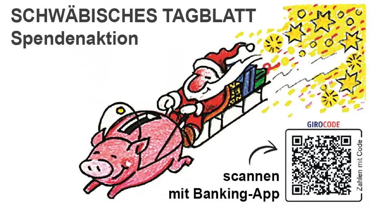 Logo Weihnachtsspendenaktion Schwäbisches Tagblatt mit Girocode (QR-Code) 2025 im Format 16:9 für Online. Sepp Buchegger