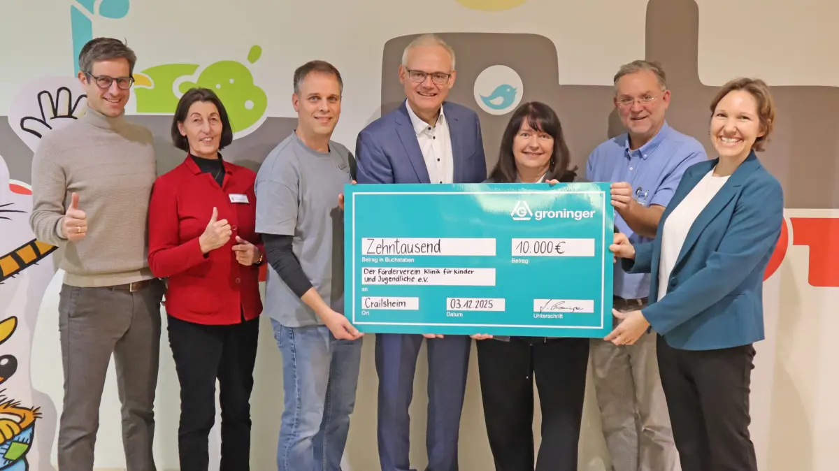 Oberarzt Daniel Buchzik, Gisela Breitschwerdt (stellvertretende Vorsitzende des Förderverein Beuteltigerstark), Oberarzt Dr. med. Stephan Bartholomä, Jens Groninger, Michaela Groninger, Chefarzt Prof. Dr. Andreas Holzinger, Isabell Rathgeb (Erste Vorsitzende des Förderverein Beuteltigerstark) bei der Spendenübergabe (von links).