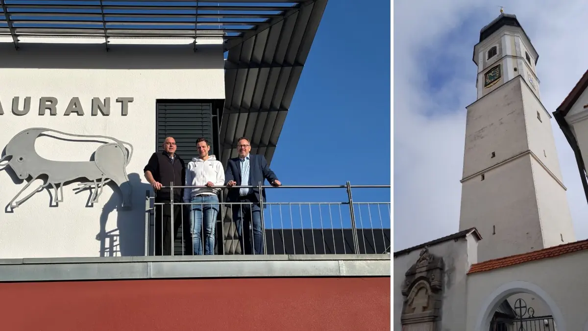 Der Betreiber des Wirtshauses Ochsen Andreas Hintz, Pfarrer Cornelius Küttner und Bürgermeister Sven Kneipp wollen den Merklinger Kirchturm sanieren. Dazu braucht es Geld.