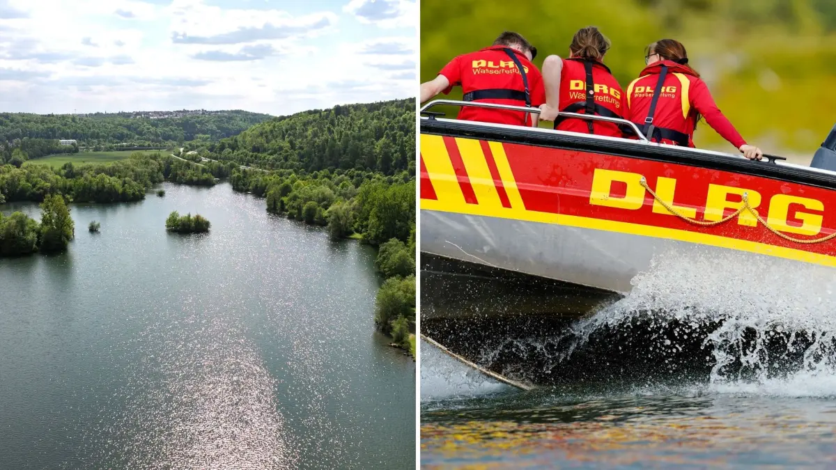 COLLAGE FÜR ONLINE Rettungskräfte bergen am Donnerstagmittag einen leblosen Mann aus dem Baggersee in Kirchentellinsfurt.