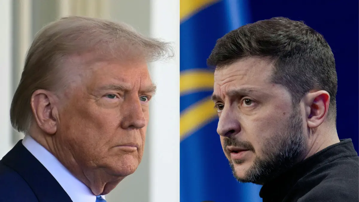 : (FILES - COMBO) This files combination of pictures created on February 25, 2025 shows US President Donald Trump (L) on February 24, 2025, and Ukraine's President Volodymyr Zelensky (R) on February 23, 2025. Ukraine's President Volodymyr Zelensky and US President Donald Trump are to meet on December 28, 2025 in Florida to discuss efforts to end Russia's invasion, Kyiv said on December 26, 2025. "There is a plan for the meeting" to take place on December 28, an advisor to Zelensky said, after an earlier statement from the Ukrainian leader signalled the meeting. (Photo by Jim WATSON and Tetiana DZHAFAROVA / AFP)